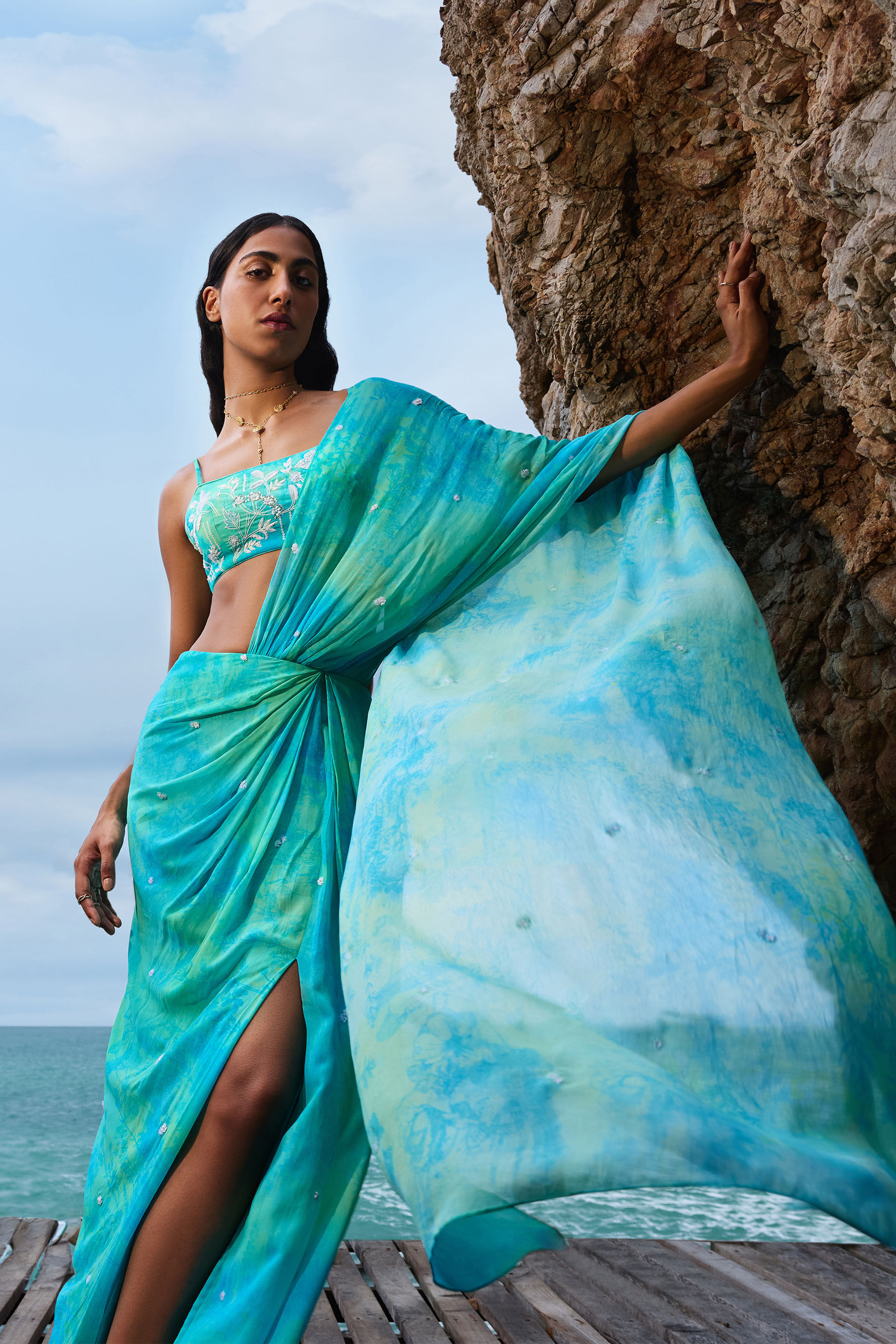 Praya Georgette Pre-draped Saree Set - Aqua, Aqua, image 7